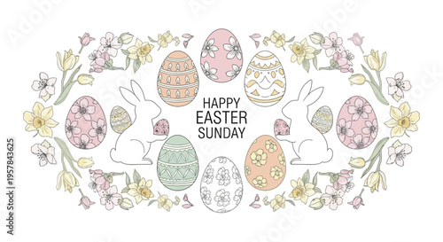 Colorful Easter Sunday illustration of pastel eggs and bunnies with flowers on a white background, featuring a Happy Easter Sunday frame