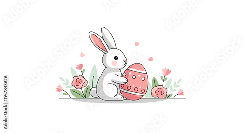 A cute cartoon bunny holds a decorated Easter egg surrounded by pink flowers on a pastel background, symbolizing Easter Sunday celebration with colorful and joyful illustration