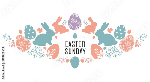 Easter Sunday illustration featuring pastel-colored bunnies, eggs, and floral elements on a white background with a joyful and celebratory mood