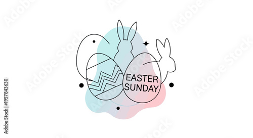 Easter Sunday illustration featuring pastel eggs and bunnies in a colorful, cartoon design with a happy celebration theme