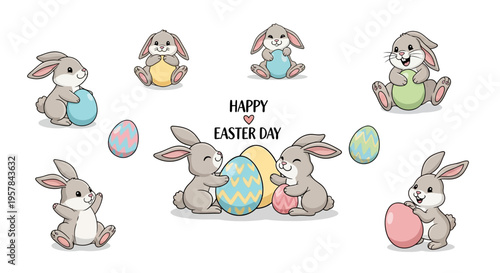 A colorful Easter illustration featuring cute cartoon bunnies and pastel eggs on a white background with a happy celebration mood