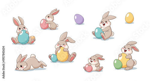An illustration of cute cartoon bunnies and colorful eggs on a pastel background for Easter Sunday celebration