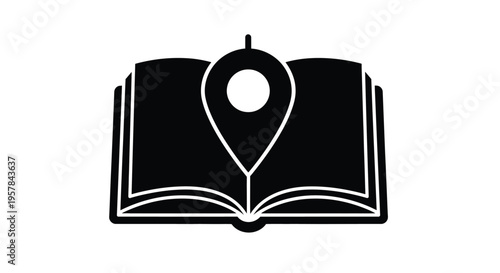 Vector illustration depicting a location pin icon centered over an open book symbolizing educational guidance or geographical knowledge discovery.