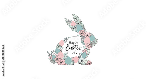 An illustration of a pastel-colored bunny surrounded by eggs and flowers with 'Happy Easter Day' text on a white background