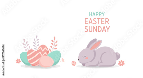 Vector illustration of a pastel Easter Sunday design featuring colorful eggs and a cute bunny on a white background with a Happy Easter Sunday message