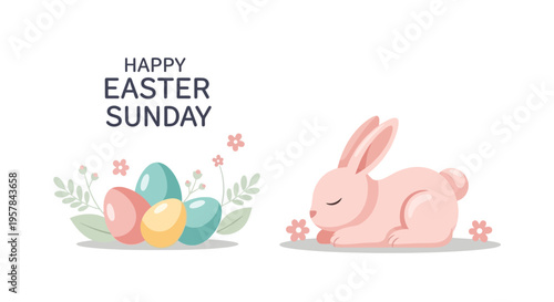 A cheerful Easter Sunday illustration features a pink bunny and colorful eggs on a pastel background with flowers and text