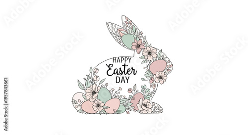 A colorful Easter-themed illustration featuring a bunny, eggs, and flowers in pastel colors on a white background with a 'Happy Easter Day' message