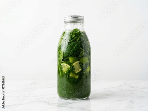Clear glass bottle filled with vibrant green juice and lime pieces, isolated on a white marble surface, ready for consumption.