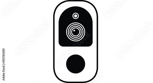 Modern smart home video doorbell vector graphic illustration for residential security systems, prominently featuring an integrated camera lens and push button.
