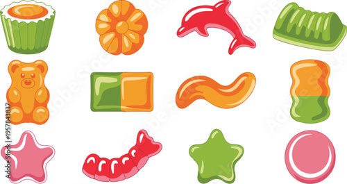 Cartoon Jelly Sweets Vector Set with Colorful Gummy Animals, Hearts, Stars, Marmalade Bears, Chewy Fruit Candies, Delicious Confectionery