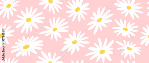 White pink flower seamless pattern background. Cute hand drawn floral repeated wallpaper. Romantic chamomile blossom motif for textile print, fabric swatch, dress ornament, wrapping paper. Vector 