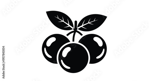 Simple black and white vector graphic illustration of three plump cherries connected by a stem and topped with two distinct detailed leaves