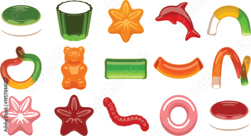 Cartoon Jelly Sweets Vector Set with Colorful Gummy Animals, Hearts, Stars, Marmalade Bears, Chewy Fruit Candies, Delicious Confectionery