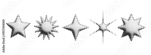 Halftone grunge stars set. 3d dotted grain star shape collection. 8 bit bitmap element bundle. Pixel comic burst and sparkle for poster, banner, flyer, collage, sticker. Vector graphic design pack