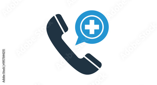 Modern vector illustration of a telephone receiver icon with a clear speech bubble encompassing a medical cross symbol, signaling urgent healthcare assistance.