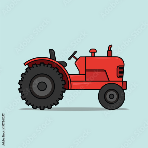 Red tractor isolated on a blue tint background representing agricultural farming equipment and machinery