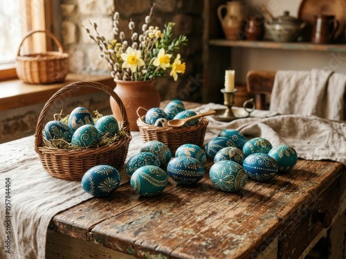 Hand-painted Blue and Teal Easter Eggs with Intricate Designs in Rustic Baskets
