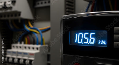 Electricity meter displaying 105.6 kWh with electrical panel and wires in the background, highlighting energy consumption monitoring