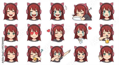 Cute Gamer Girl Character Emote Sticker Set, Kawaii Gaming Avatar Emoji Pack, Streaming Reaction Icons for Twitch Discord Vector