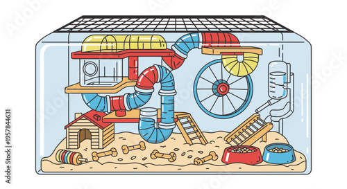 Colorful hamster cage with accessories inside.