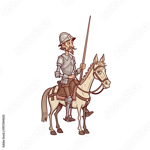 A cartoon illustration of Don Quixote, a knight in armor with a helmet and spear, riding a thin, sad-looking horse.