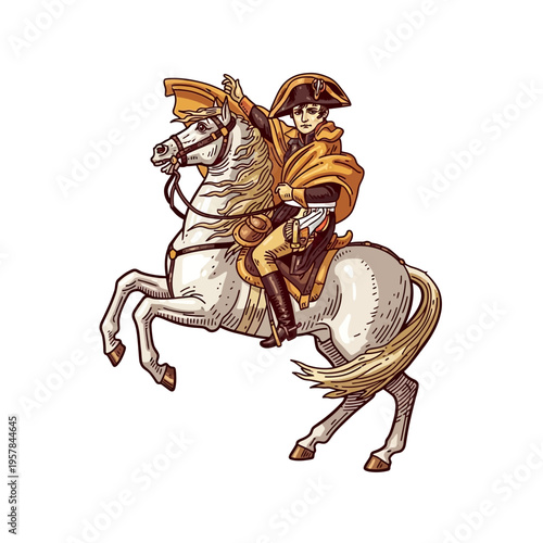 Napoleon Bonaparte riding a white horse rearing up, depicted in a classic historical illustration style.