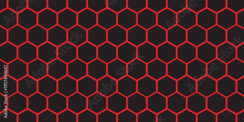 Dark hexagon abstract technology background red colored bright flashes under hexagon. Hexagonal gaming vector tech illustration black abstract background.