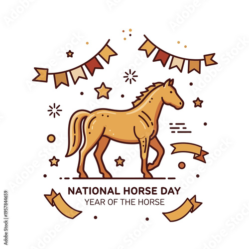 A linear illustration celebrating National Horse Day and the Year of the Horse, featuring a brown horse with festive banners and stars.
