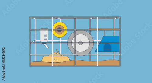 Hamster in cage with exercise wheel.
