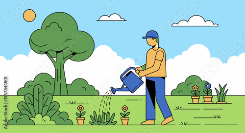 Man watering small potted plants outside.