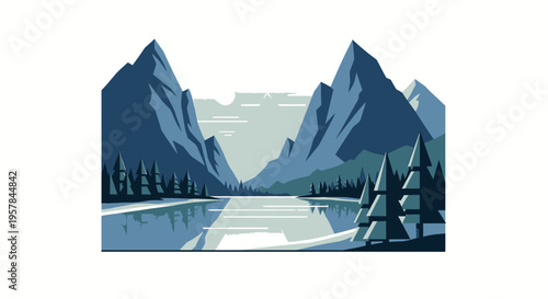 Mountain range with a serene lake.