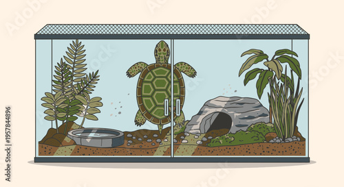 Turtle in a glass aquarium tank.