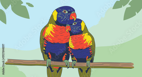 Two colorful parrots on branch together 6.