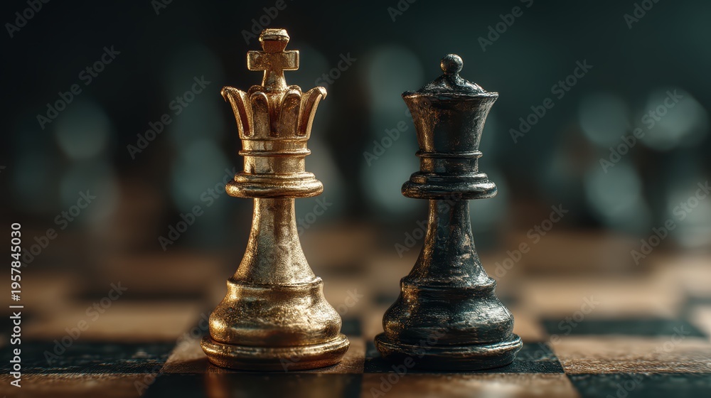 Fototapeta premium Golden King & Black Queen: Chess Strategy & Business Competition