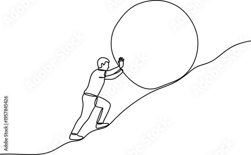 Continuous single line drawing of person pushing heavy rock symbolizing challenge struggle and perseverance concept
