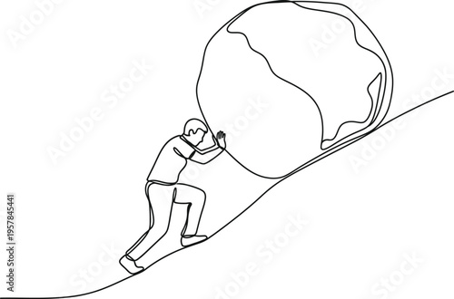 Continuous single line drawing of person pushing heavy rock symbolizing challenge struggle and perseverance concept