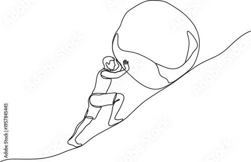 Continuous single line drawing of person pushing heavy rock symbolizing challenge struggle and perseverance concept