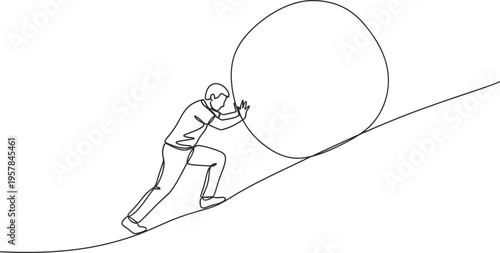 Continuous single line drawing of person pushing heavy rock symbolizing challenge struggle and perseverance concept
