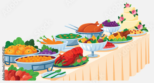  Vibrant buffet table with diverse dishes and desserts