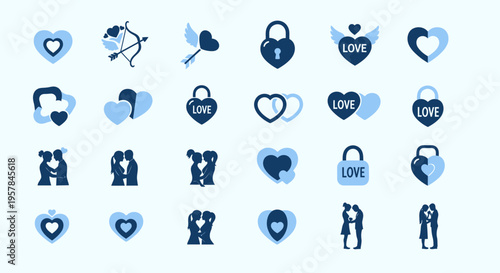 Valentines day icons romantic hearts cupid and couples in vector design