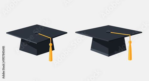 Minimalist Graduation Cap Illustration Set - Black Mortarboard with Gold Tassel for University and College Education Concepts