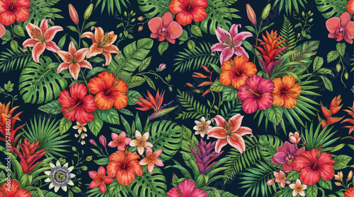 Seamless Tropical Floral Pattern with Vibrant Exotic Flowers on Dark Background