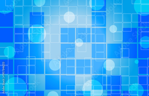 青の色でグラデーションを付けて正方形、円が重なる模様の柄でテクノロジーやデジタル、コンピューター等をイメージしてデザインしたベクターのイラストの背景、壁紙、グラフィックの素材