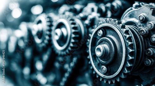 Mechanical gears in motion industrial workshop close-up photography blue toned dynamic perspective engineering concept