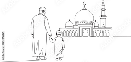 Vector illustration of Muslim father and son walking towards mosque