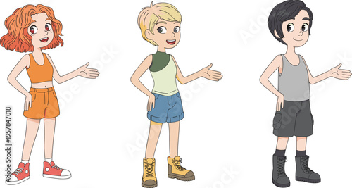 Cartoon teenage girls characters set full body poses diverse people smiling gesturing flat vector illustration modern youth fashion icons isolated on light background