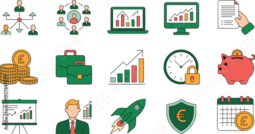 Financial business icons set investment growth analytics teamwork strategy money savings security planning management vector flat illustration modern design concept