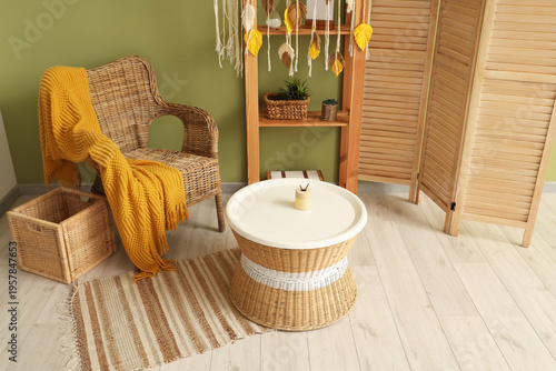 Cozy armchair, coffee table...