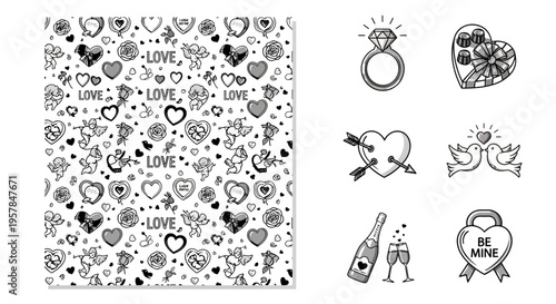 Valentines day vector set hearts cupids ring gift champagne doves