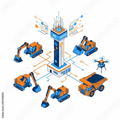 AI-powered autonomous heavy machinery and drone for smart construction.